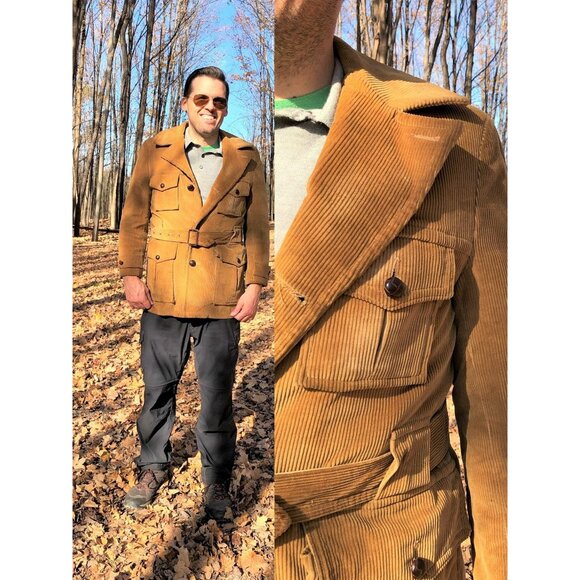 1970s mens faux fur lined corduroy coat, belted coat, Medium - Picture 1 of 10